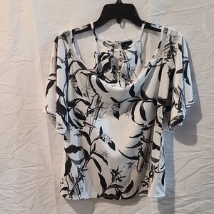Worthington Black and White Cold-Shoulder Leaf Print Blouse